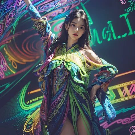 (masterpiece, top quality, best quality, official art, beautiful and aesthetic:1.2), (1girl:1.3), extremely detailed,(fractal art:1.2),colorful,highest detailed,( zentangle neon:1.2), (dynamic pose), (abstract background neon:1.5), (treditional dress:1.2),...