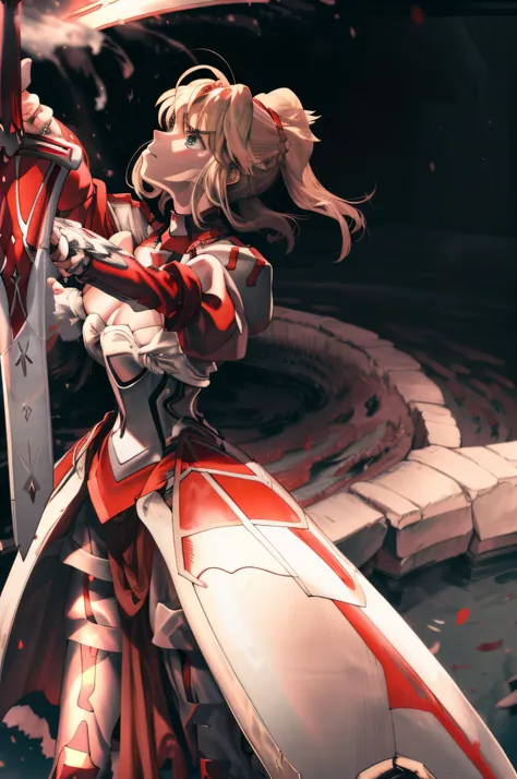 masterpiece,best quality,1girl,mordred \(fate\),mordredarmornohelmet,(holding sword,greatsword,clarent \(fate\)),serious,sweatdr...