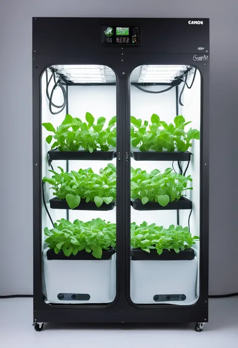 futuristic hydroponic Indoor weed ((grow box)) cabinet on a ((industrial warehouse)), grow cabinet with a touch screen and a separate (air filtering) hose system at its right, grow cabinet with (plants) inside, hydroponic grow cabinet, 6 trays shelf, indoo...