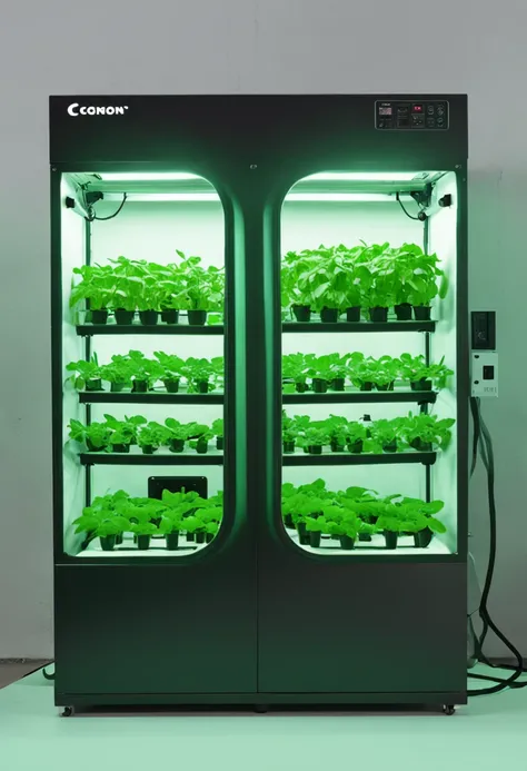 futuristic hydroponic Indoor weed ((grow box)) cabinet on a ((industrial warehouse)), grow cabinet with a touch screen and a separate (air filtering) hose system at its right, grow cabinet with (plants) inside, hydroponic grow cabinet, 6 trays shelf, indoo...