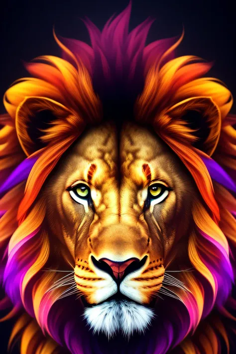 Draw an anthropomorphic lion fused with Sonic, frontal and full body. He wears tight sportswear, in a synthesis of agility and charisma. He is covered in shiny golden fur and a long mane of bright colors, in shades of purple, yellow and red, that flutters ...