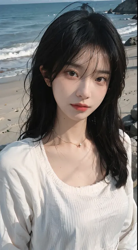 best qualtiy， 超高分辨率， （realisticlying：1.4），cute hairpin，1girll，Red long-haired,Cropped sweater ，Beautiful woman with a slim figure:1.4, Pronounced abs，On the sandy beach,Ultra-fine face，Elaborate Eyes，二重まぶた，choker necklace