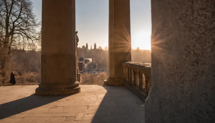 imposing architecture, sense of history, evening sun, long shadows, eerie atmosphere, surroundings, daylight, dim interior, cold, weight of history