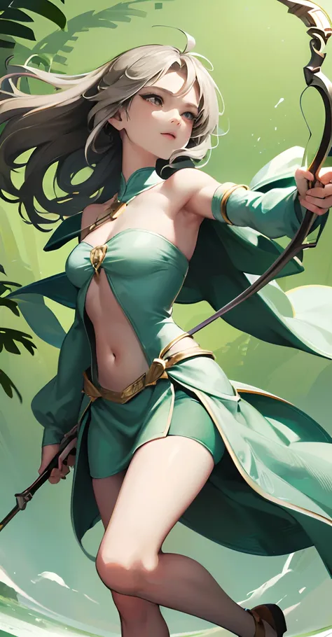 A woman who draws a bow and shoots arrows, grey long hair, ((((Head back, chest, standing on one leg, The other leg is bent)))), Wearing a green dress, The bandeau is shaped like a green leaf, Petal-shaped skirt, jungle backdrop, depth of fields, ultra-wid...