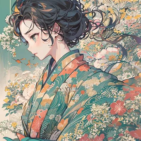 (​masterpiece),((top-quality)),(offcial art),(Beautiful and indulgent:1.2),(1girl in:1.3),Face peel the front,Small breasts,((Shortcut black hair beauty)),breasts are small、BREAK,Beautiful woman wearing yukata with bright design inspired by summer festival...