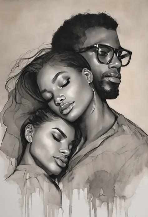 Desenho de um homem negro lindo e uma mulher, Black brunette girl with medium straight hair and wears glasses, detalhamento manual, detalhamento do dedo, detalhamento facial, sentado na cama, Charlie Bowater e Artgeem, He holds her in his arms, Enquanto el...