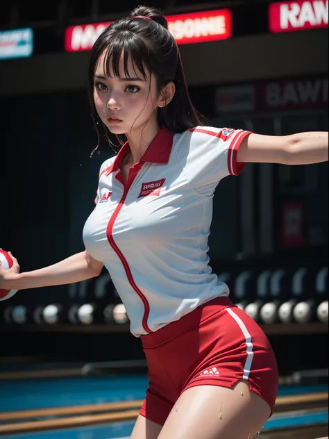 (8K, Raw photo, Best Quality, masutepiece:1.2), (Realistic, Photorealsitic:1.37),1 girl,Cute, (Solo),A detailed face, Dramatic Angle,
,bowling Uniforms,Look away,Sporty,Wet skin,Sweat,Slim body,in bowling venue,