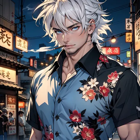 1 man，White color hair，Messy hair，unshaven，Didnt shave，blue colored eyes，Black short-sleeved floral shirt，Floral shirt，smokes，smoking marijuana，Night，natta，urban backdrop，The upper part of the body，Asia face