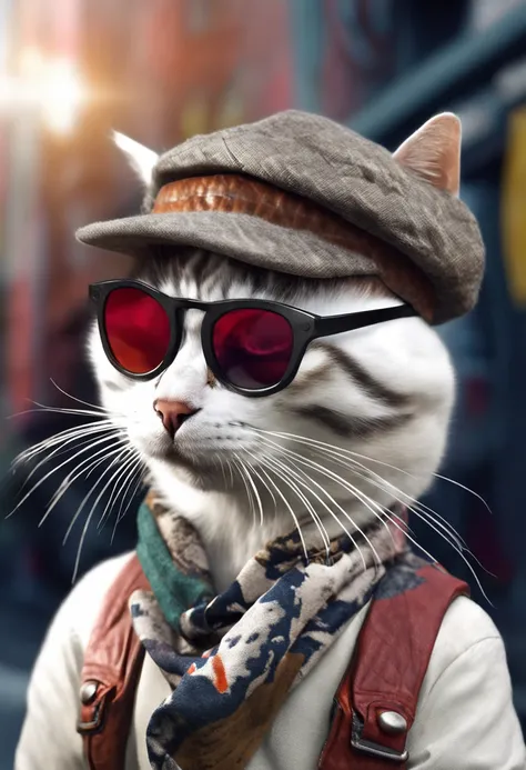 photo of a cat wearing a hat and scarf, trendy Art Station, dressed in punk clothes, hyper realistic detailed rendering, British gang member, urban style, intimidating pose, planet of cats, trendy clothes, urban samurai, meow, West Slavic traits, 8 1 5