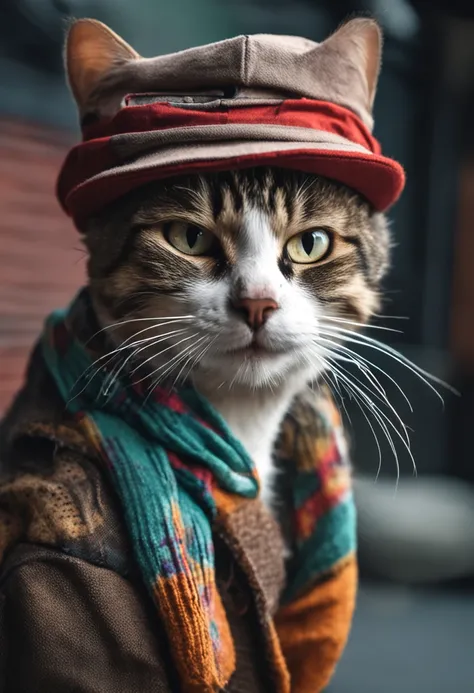 photo of a cat wearing a hat and scarf, trendy Art Station, dressed in punk clothes, hyper realistic detailed rendering, British gang member, urban style, intimidating pose, planet of cats, trendy clothes, urban samurai, meow, West Slavic traits, 8 1 5