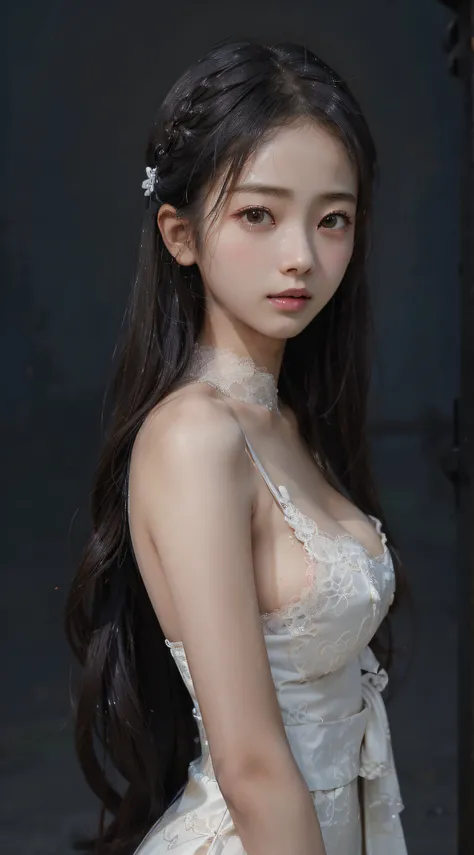 xintong chenMaster quality, highest quality, best picture quality, exaggerated details, a cute 8 year old asian little girl with a shy expression, slightly squinted eyes, adjusting her hair, long eyelashes (long hair / very, very exaggerated big breasts _ ...