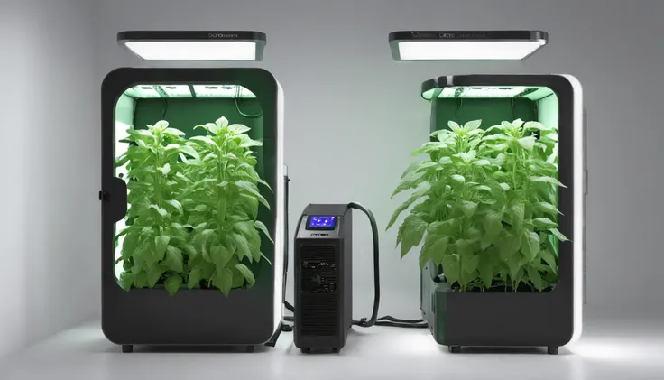 futuristic hydroponic Indoor weed ((grow box)) cabinet on a ((industrial warehouse)), grow cabinet with a touch screen and a separate (air filtering) hose system at its right, grow cabinet with (plants) inside, hydroponic grow cabinet, 6 trays shelf, indoo...