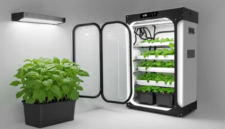 futuristic hydroponic Indoor weed ((grow box)) cabinet on a ((industrial warehouse)), grow cabinet with a touch screen and a separate (air filtering) hose system at its right, grow cabinet with (plants) inside, hydroponic grow cabinet, 6 trays shelf, indoo...