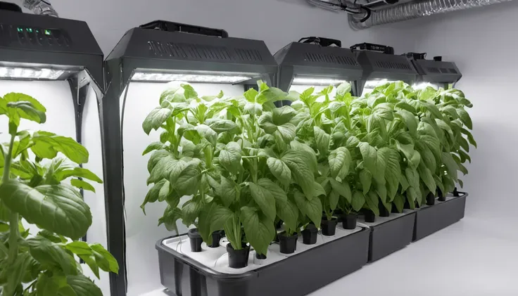 futuristic hydroponic Indoor weed ((grow box)) cabinet on a ((industrial warehouse)), grow cabinet with a touch screen and a separate (air filtering) hose system at its right, grow cabinet with (plants) inside, hydroponic grow cabinet, 6 trays shelf, indoo...