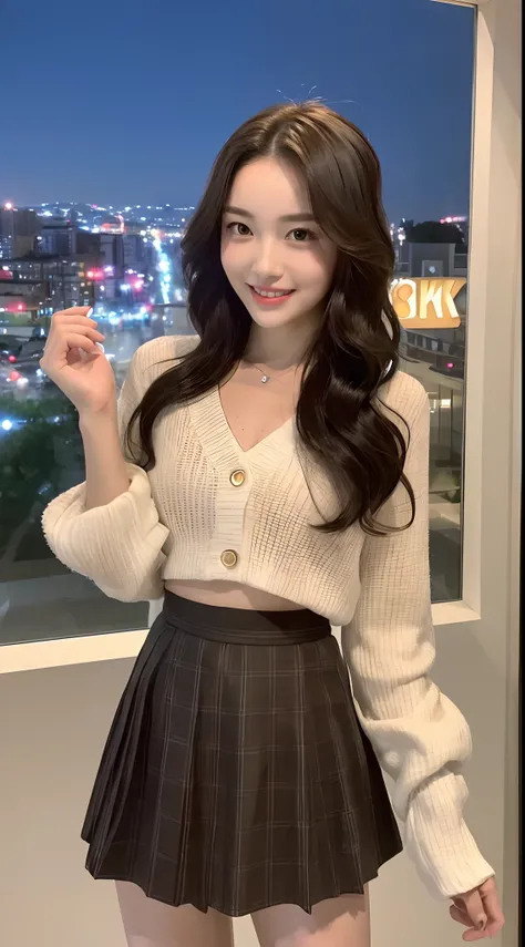 ((Best picture quality, 8K, tmasterpiece:1.3)), 1girll, Beautiful woman with slender abs:1.3, (Hairstyle waves，No leakage of neutral chest),long  skirt:1.1, Ultra-fine face,mesmerizing eyes, 二重まぶた，attractive smile，city night scene，Holding a cute rag doll，