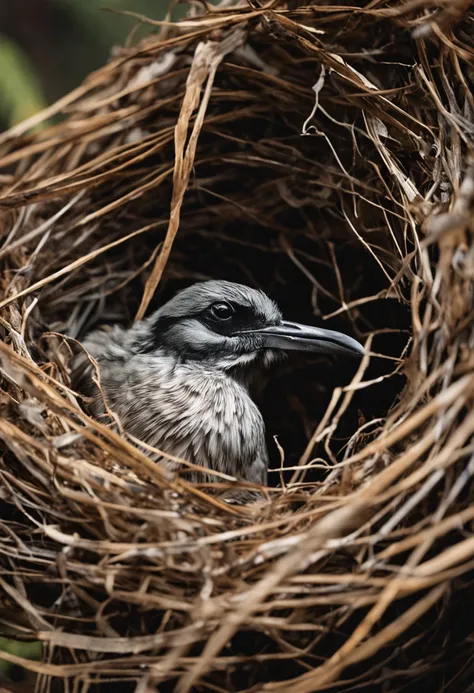 "An artistic closeup of a bird in its nest, capturando a riqueza das penas e texturas. Feathers exhibit incredible complexity, com cada detalhe minuciosamente destacado, revealing the delicacy of the fibers and their subtle color variations. The bird is im...