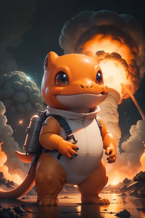 master part,best quality, illustration, Charmander vestindo traje espacial,Belo brilho detalhado,(Chamas de guerra:1.2),(nuclear explosion hides:1.3),chuva,Detailed lighting,detailed water,(belos olhos detalhados:1.1),no expression,