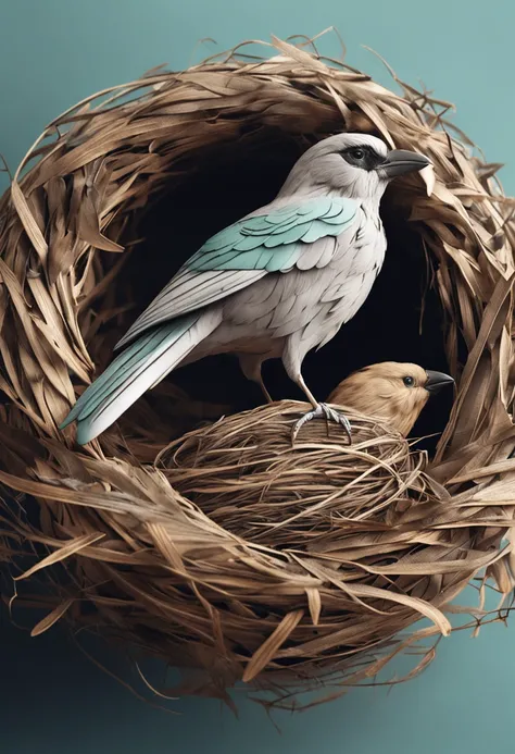 "An artistic closeup logo of a bird in its nest, capturando a riqueza das penas e texturas. Feathers exhibit incredible complexity, com cada detalhe minuciosamente destacado, revealing the delicacy of the fibers and their subtle color variations. The bird ...