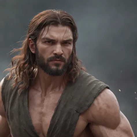 (Professional 3D rendering:1.3) de (Realistic:1.3) Foto de arte mais bonita do mundo，Features soft, bright male heroes, ((Epic hero fantasy rough muscular man wet hero angry look long hair short beard and fierce expression in dynamic pose, fantastic locati...