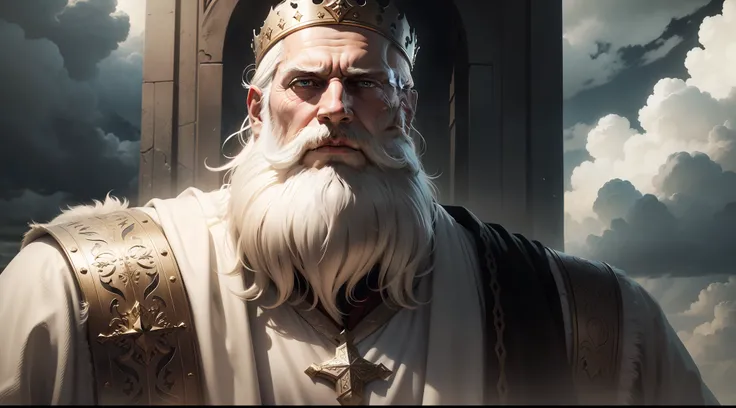 Biblical character, king, white beard looking at the sad sky, highly detailed image, lighting