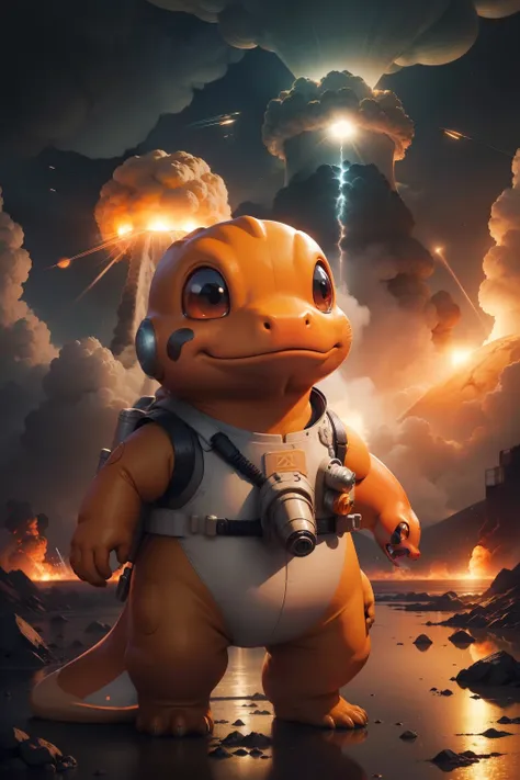 master part,best quality, illustration, Charmander vestindo traje espacial,Belo brilho detalhado,(Chamas de guerra:1.2),(nuclear explosion hides:1.3),chuva,Detailed lighting,detailed water,(belos olhos detalhados:1.1),no expression,