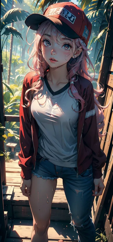 1female，11yo，Small loli，bit girl，Tiny breasts，Pornographic exposure， 独奏，（Background with：ln the forest，the rainforest，in summer） She has long pink hair，standing on your feet，Sweat profusely，drenched all over the body，seen from the front， curlies， mostly cl...