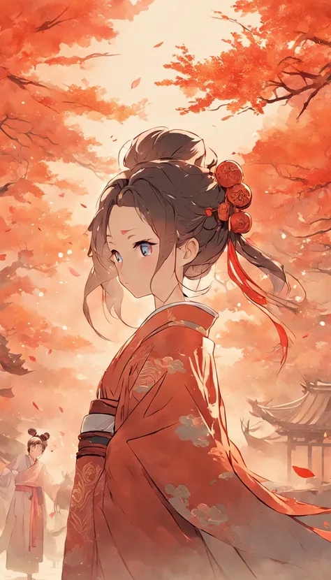 Traditional Chinese style graphic illustration，Song dynasty style，Autumn cloudscape，Traditional Chinese ancient architecture，Traditional ancient Chinese costumes，Traditional ancient Chinese hairstyle。ultra-wide-angle，Epic，Works of masters，Numerous awards。