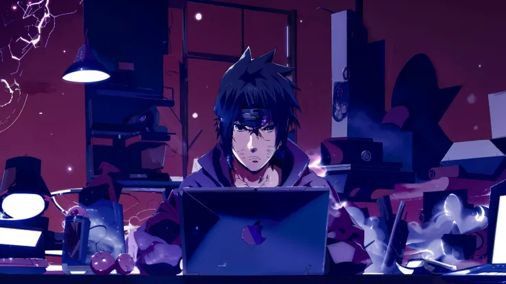 personagem de anime sentado em uma mesa com um laptop, sasuke uchiha, estilo anime 4k, badass anime 8 k, estilo anime moderno, e...