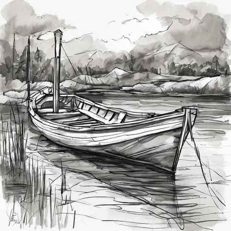 Painting of a boat sitting on a wooden dock, drawn in microsoft paint, sketch of an ocean in ms paint, line-drawing, Small boat, Boat, das boot, some boats, thick line drawing, drawn with photoshop, Rowing Boat, boat in foreground, line-drawing, small boat...