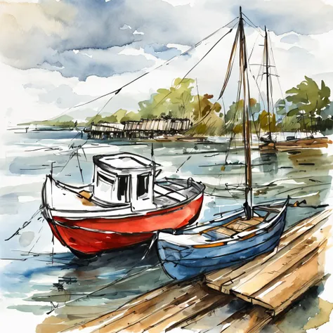 Painting of a boat sitting on a wooden dock, drawn in microsoft paint, sketch of an ocean in ms paint, line-drawing, Small boat, Boat, das boot, some boats, thick line drawing, drawn with photoshop, Rowing Boat, boat in foreground, line-drawing, small boat...