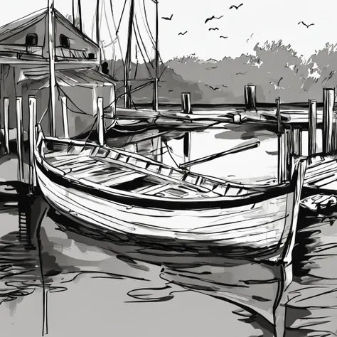 Painting of a boat sitting on a wooden dock, drawn in microsoft paint, sketch of an ocean in ms paint, line-drawing, Small boat, Boat, das boot, some boats, thick line drawing, drawn with photoshop, Rowing Boat, boat in foreground, line-drawing, small boat...