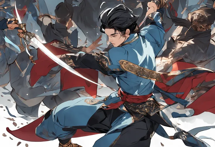 Composition with a sense of speed、Combat stance、Dark-haired young man、Soaring black hair、Blue national costume、Wielding a dagger、