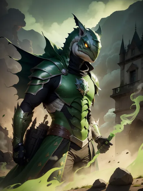 armadura dourada, Lagarto, escudo, castelo, veneno, smoke billowing, veneno verde, green smoke, Vapor verde, place covered with green smoke, veneno verde, green acid, gosma verde, action pose, demonio, armas, rabo asqueiroso,