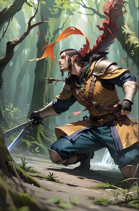 There is a man with a sword in a forest, Arte do Jogo de Cartas de Fantasia, segurar espada na floresta, Mohrbacher, Elfo Ranger Masculino, Graphic artist Magali Villeneuve, No estilo de arte de Mohrbacher, Inspirado em Kris de Deltarrune, arte do jogo de ...