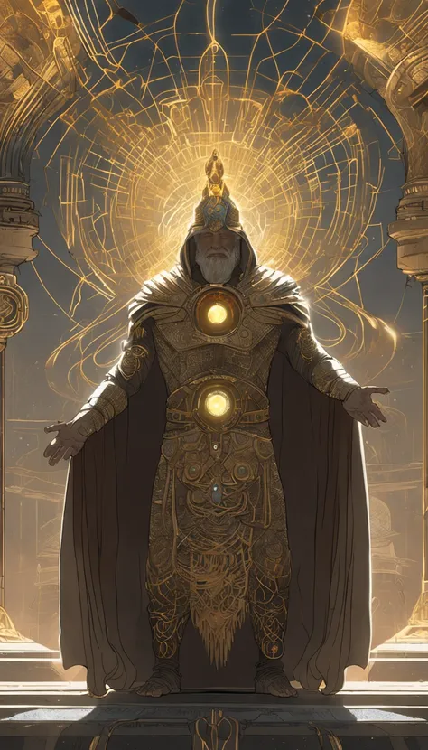 "Anu, the ancient god, towers as a giant, an embodiment of divine power and majesty. His skin is a warm light brown, and a long, flowing grey beard cascades down, signifying his timeless wisdom. He wears an opulent cloak, a fusion of ancient design and hig...