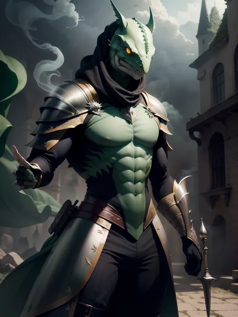 armadura dourada, Lagarto, escudo, castelo, veneno, smoke billowing, veneno verde, green smoke, Vapor verde, place covered with green smoke, veneno verde, green acid, gosma verde, action pose, demonio, armas, Rabo Asqueiroso, corpo inteiro,magro, esguio