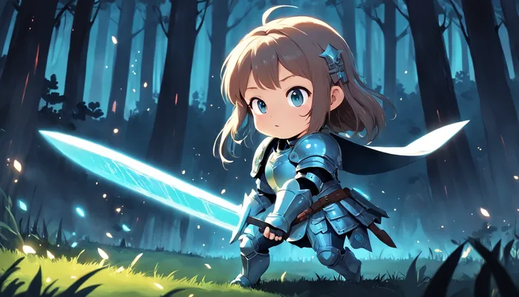 Cartoony，Chubby little girl in heavy armor，Place glowing swords and shields on the ground，Glowing fireflies around，，Cute and cute，KIDS ILLUSTRATION，Glow effects，Dingdall effect，depth of fields，high light，Real light，Ray traching，oc rendered，Hyper-realistic，...