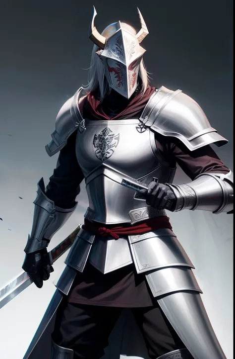 Templar in silver armor with bull horned helmet, wielding dual katanas.