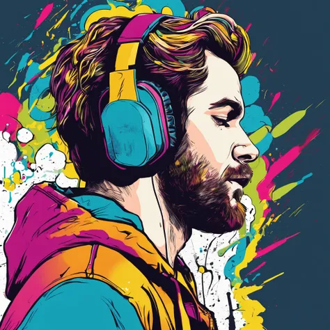 ready-to-print vector t-shirt art colorful graffiti illustration of a silhouette of a young man with headphones listening to music, christian, catholic elements, vibrant color, high detail