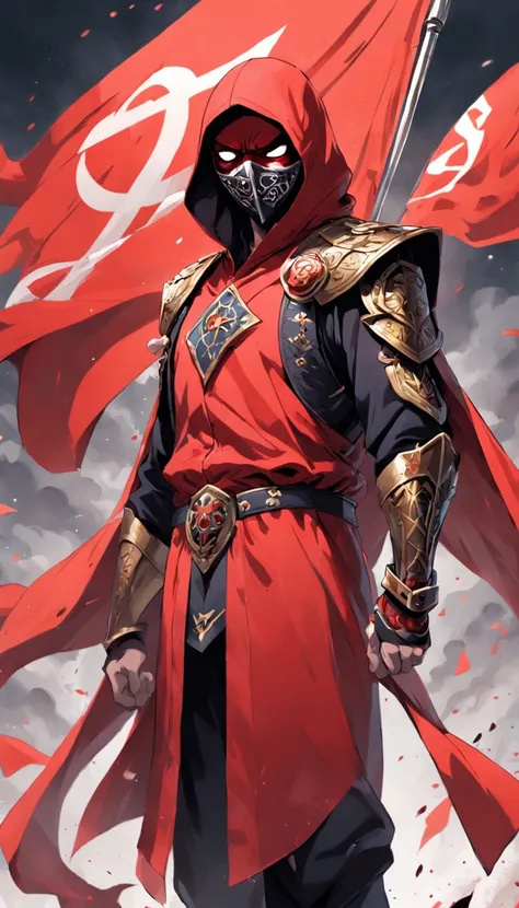 "Por favor, create an image of the anti-hero Red Flag. He is a unique and eccentric character, known for his crazy and unpredictable personality. He wears a vibrant red costume and wears a mask that fully covers his face, adding an air of mystery and anony...