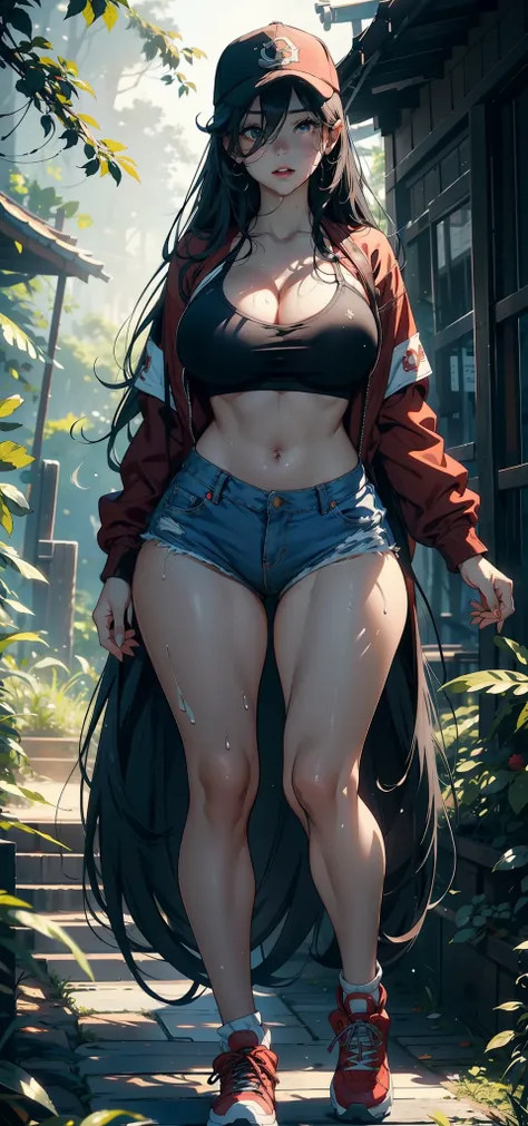 1female，35yo，熟妇，gigantic cleavage breasts，Big breasts Thin waist，long leges，Pornographic exposure， 独奏，（Background with：ln the forest，the rainforest，in summer） She has long black hair，standing on your feet，Sweat profusely，drenched all over the body，seen fro...