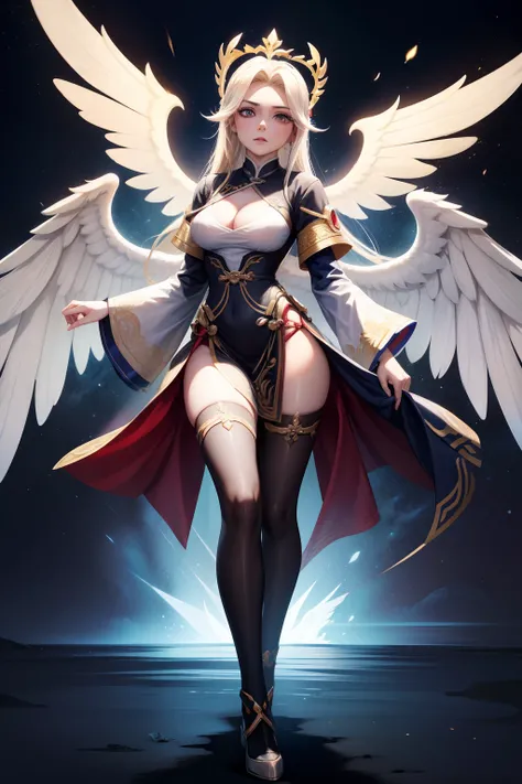 mulher loira, de descendencia inglesa, de roupa estilo oriental preto chines, xianxia de corpo inteiro, asas brancas angelicais, decote, expressao nervosa, peitos grandes, bunda grande, estilo cartoon,njo majestoso de corpo inteiro, tall female angel, desi...