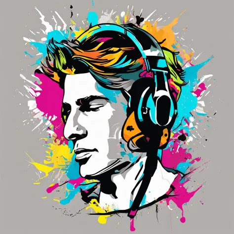 Ready-to-print vector T-shirt art Colorful graffiti illustration of a silhouette of a boy with headphones listening to music, Christian, Catholic elements, cor vibrante, Very high detail