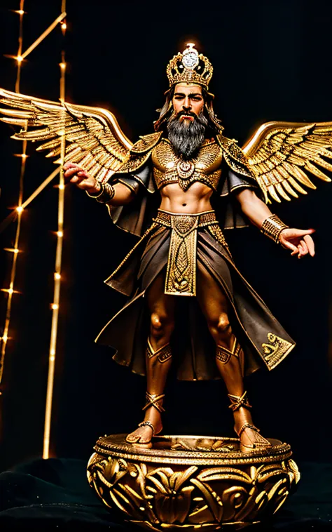 "Anu, the ancient god, towers as a giant, an embodiment of divine power and majesty. His skin is a warm light brown, and a long, flowing grey beard cascades down, signifying his timeless wisdom. He wears an opulent cloak, a fusion of ancient design and hig...