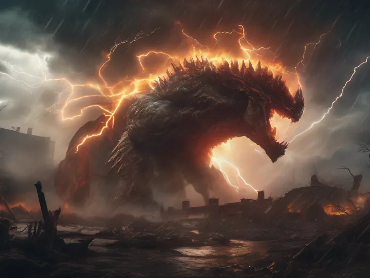 Close in the Monster, giant, rage, fury, fire atack,  stormy weather, lightning, ruins, dynamic pose, alien ground, extreme lightning, scattered random lights, high resolution, 8K