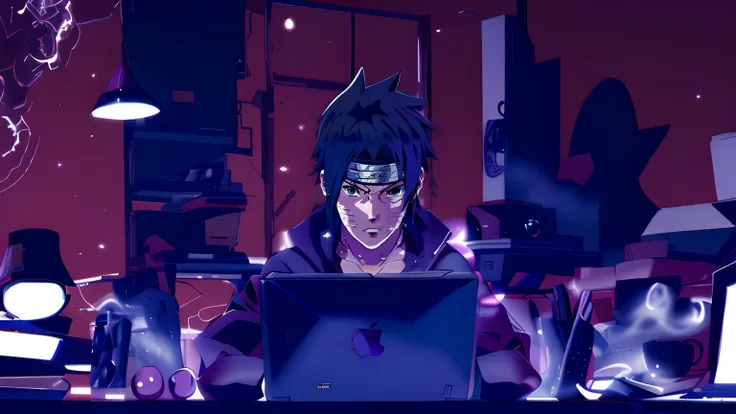 personagem de anime sentado em uma mesa com um laptop, sasuke uchiha, Estilo anime 4K, badass anime 8 k, Estilo anime moderno, Estilo anime. 8k, itatchi uchiha, Epic anime style, Steve Jobs como Hokage, Estilo anime muito moderno, Estilo anime", Estilo ani...