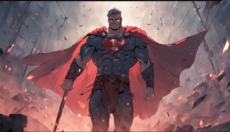 "Superman Viking com rosto do giurosa, Sorriso esquerdo, blood tears, sombrio, qualidade excepcional, multiple facial scars, Batman que ri, armadura viking das trevas, Gothic style." grayscale