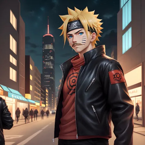 1 boy, shonen style, blonde hair, spiky hair, mustache marks on the cheeks, black and red clothing, leather jacket, bandana, cool, blue eyes, color --name Naruto Uzumaki --city background at night