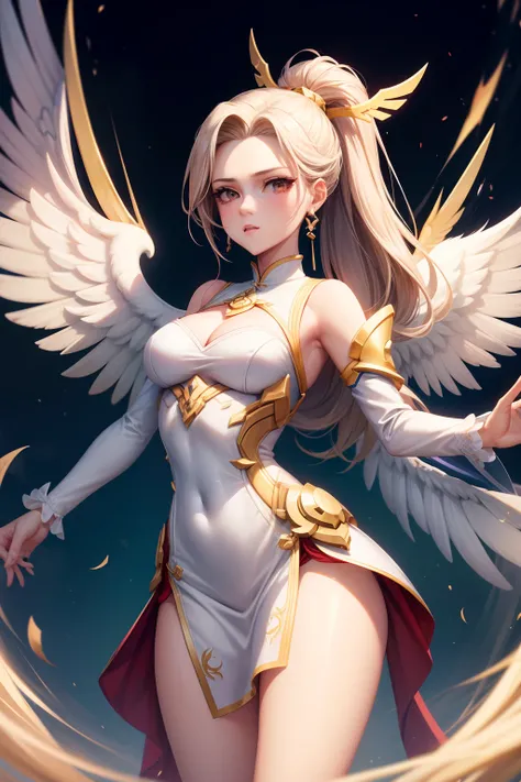 mulher loira, de descendencia inglesa, de roupa estilo oriental preto chines, xianxia de corpo inteiro, asas brancas angelicais, decote, expressao nervosa, peitos grandes, bunda grande, estilo cartoon,njo majestoso de corpo inteiro, tall female angel, desi...