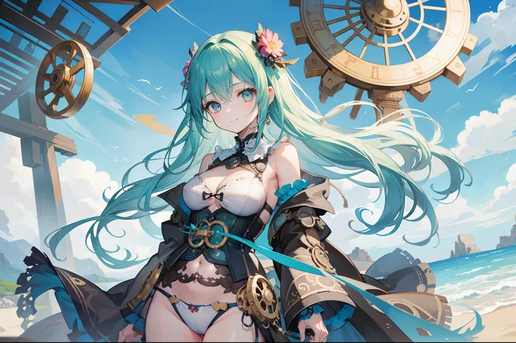 the beach、steampunc、steams、Vapors in the air、gear wheel, Clocks and plumbing、夏天、Beautuful Women、Steampunk style colorful swimsuit、Depiction of green only、Eliminate black color、Midday Sun、steams、Large space、high sky、​​clouds、intricate illustrations、Overwhel...